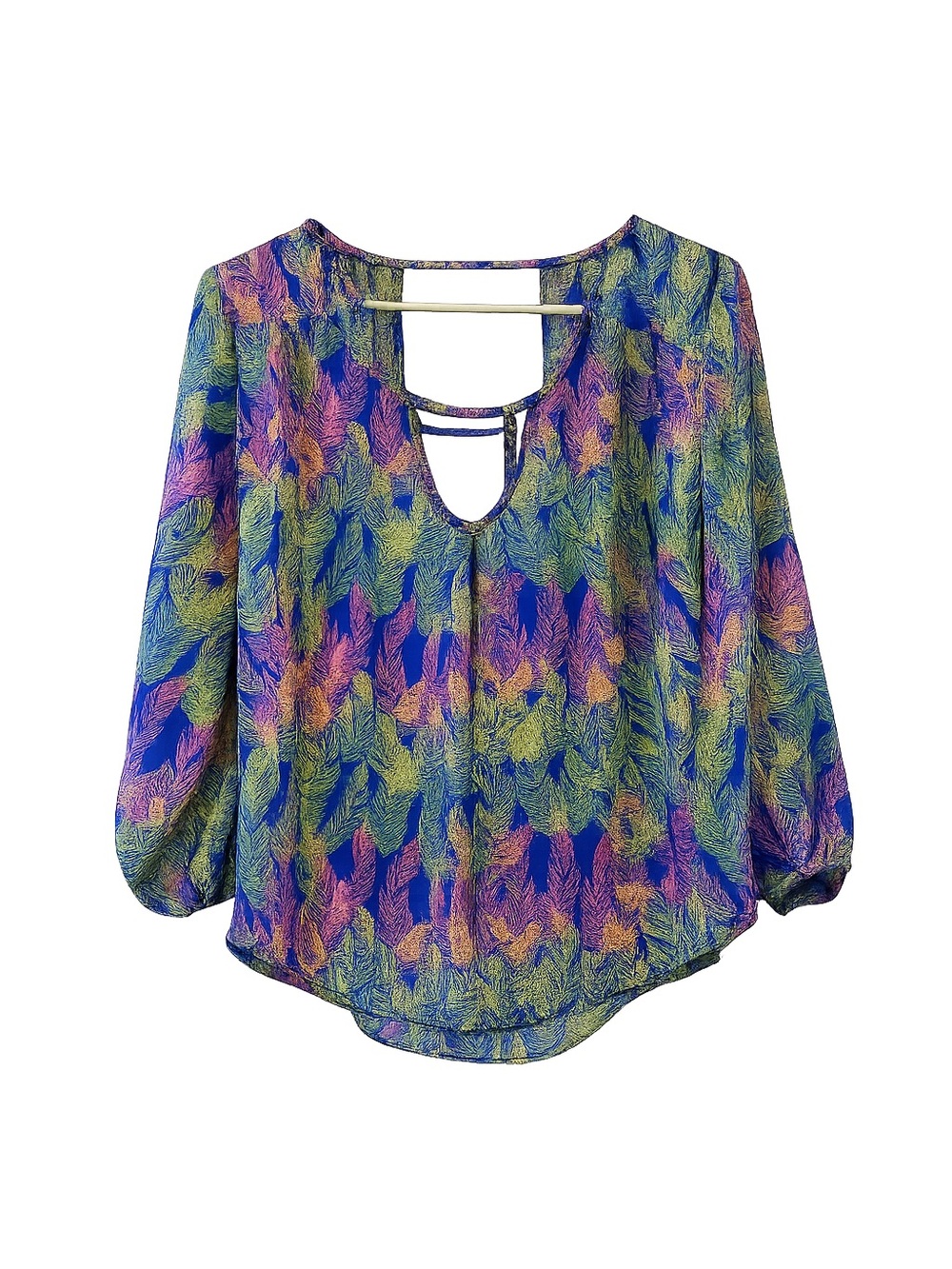American Eagle Outfitters colorful feather patterned keyhole blouse